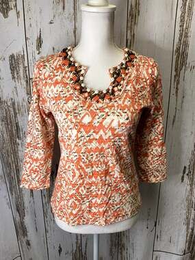 Ruby Rd Peach/White/Tan 1/2 Sleeve Blouse With Beaded Neckline